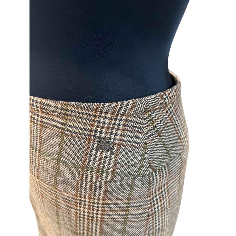 Burberry London Brown Plaid Wool Pencil Skirt Embroidered Knight Logo Size 36 - Picture 4 of 6